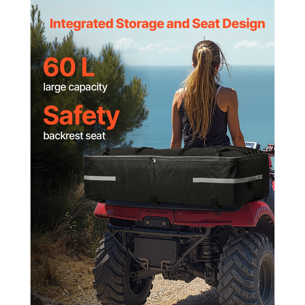 VEVOR ATV Rear Storage Bag, 60L ATV Rear Cargo Storage Bag with Backrest & Waterproof Cover, 600D Oxford Cloth Rear Seat Gear Bag Fit Most ATVs with Rear Rack, Compatible with ATV, UTV, Can-Am Vehicle