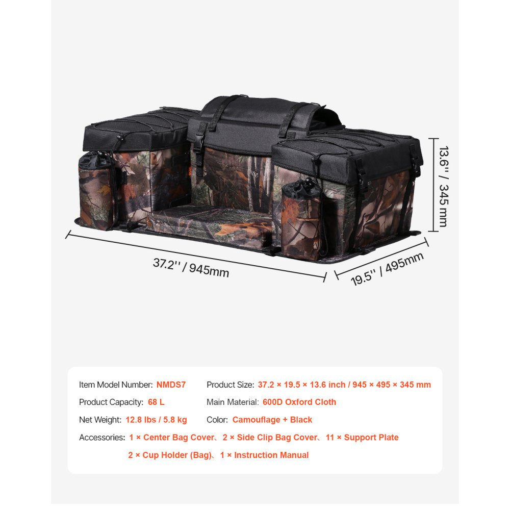 VEVOR ATV Rear Storage Bag, 68L ATV Rear Cargo Bag with Sponge Seat Cushion & Bottle Holder, 600D Oxford Cloth Storage Rear Rack Seat Bag Fit Most ATVs with Rear Rack, Compatible with ATV, UTV, Can-Am