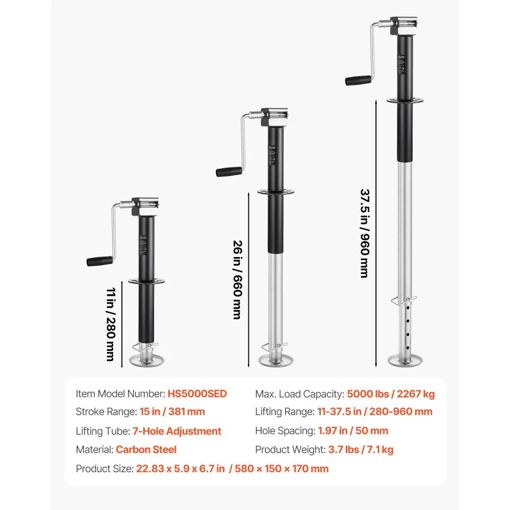 VEVOR 5000 lbs A-Frame Trailer Jack, 15-Inch Vertical Travel, Trailer Lift Jack with Adjustable 7-Level Drop Leg & Drill Socket, Cordless Drill Compatible, Suitable for RV, Utility, Yacht Trailers