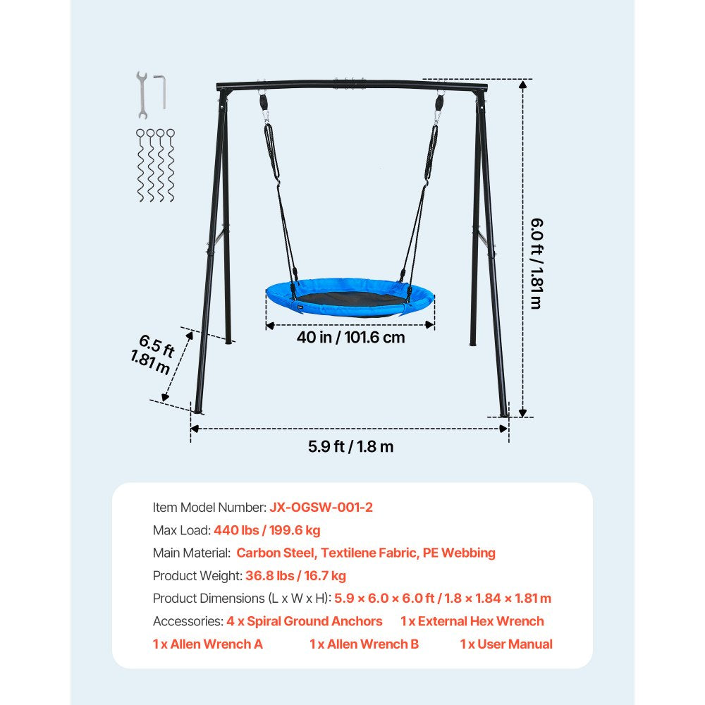 VEVOR Swing Set for Backyard, 40 in Saucer Swing Seat with Heavy Duty A-Frame Metal Stand, 440 lbs Load Capacity, Reinforced with Spiral Ground Anchors, Swingset Outdoor for Kids, Black and Blue