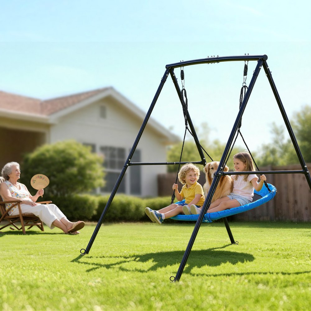 VEVOR Swing Set for Backyard, 40 in Saucer Swing Seat with Heavy Duty A-Frame Metal Stand, 440 lbs Load Capacity, Reinforced with Spiral Ground Anchors, Swingset Outdoor for Kids, Black and Blue