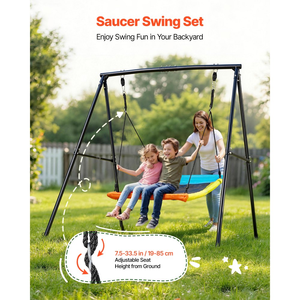 VEVOR Swing Set for Backyard, 60 x 32 in Swing Seat with Heavy Duty A-Frame Metal Stand, 440 lbs Load Capacity, Reinforced with Spiral Ground Anchors, Swingset Outdoor for Kids, Black and Colorful