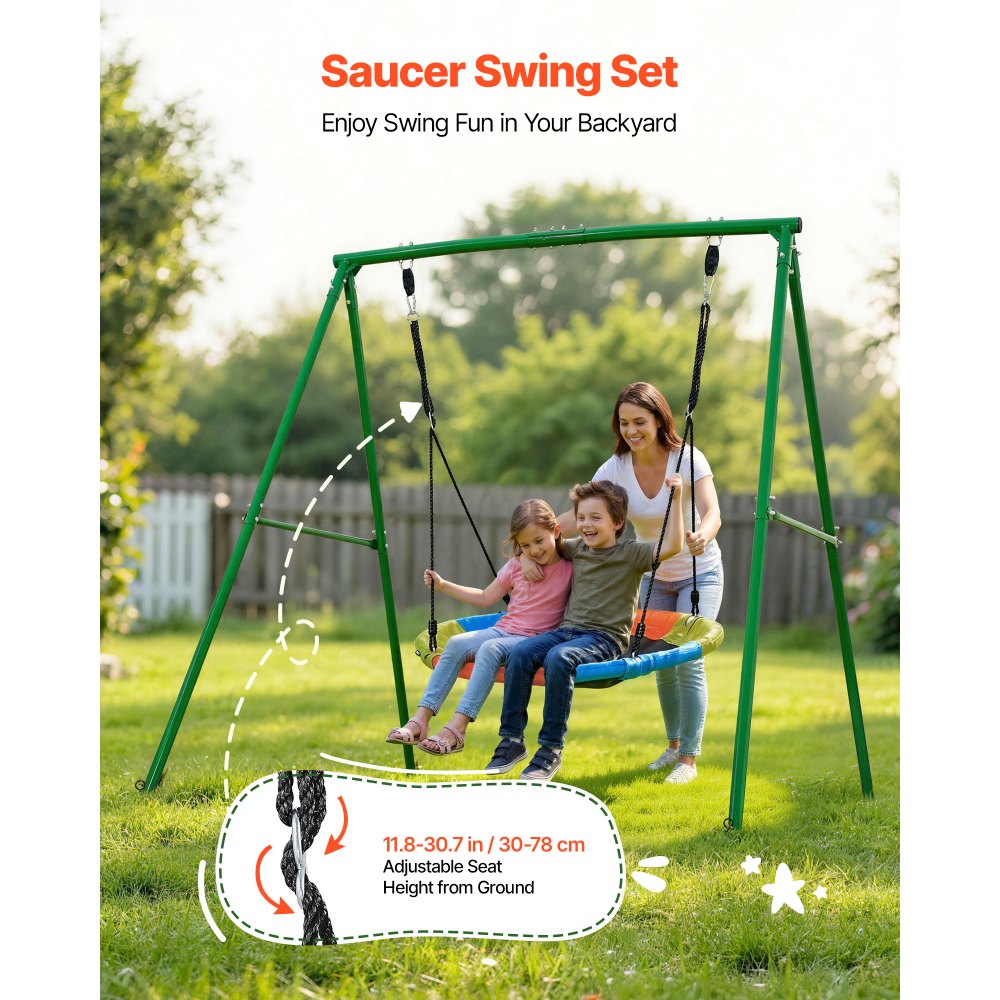 VEVOR Swing Set for Backyard, 40 in Saucer Swing Seat with Heavy Duty A-Frame Metal Stand, 440 lbs Load Capacity, Reinforced with Spiral Ground Anchors, Swingset Outdoor for Kids, Green and Colorful