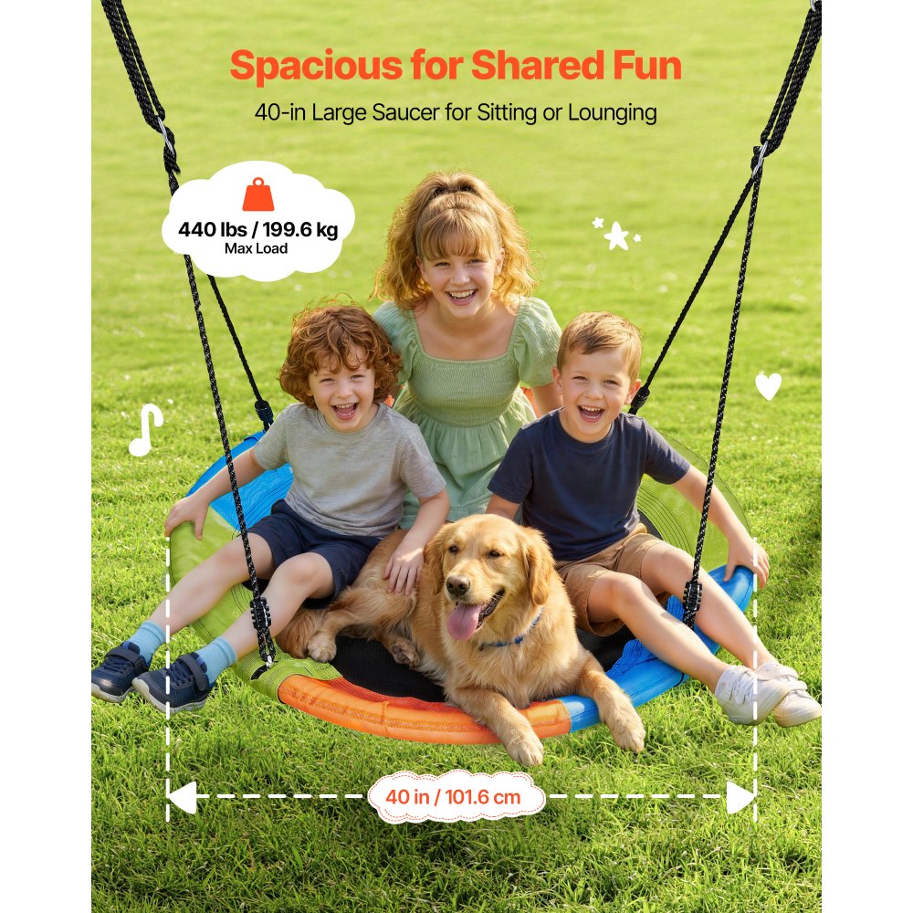 VEVOR Swing Set for Backyard, 40 in Saucer Swing Seat with Heavy Duty A-Frame Metal Stand, 440 lbs Load Capacity, Reinforced with Spiral Ground Anchors, Swingset Outdoor for Kids, Green and Colorful
