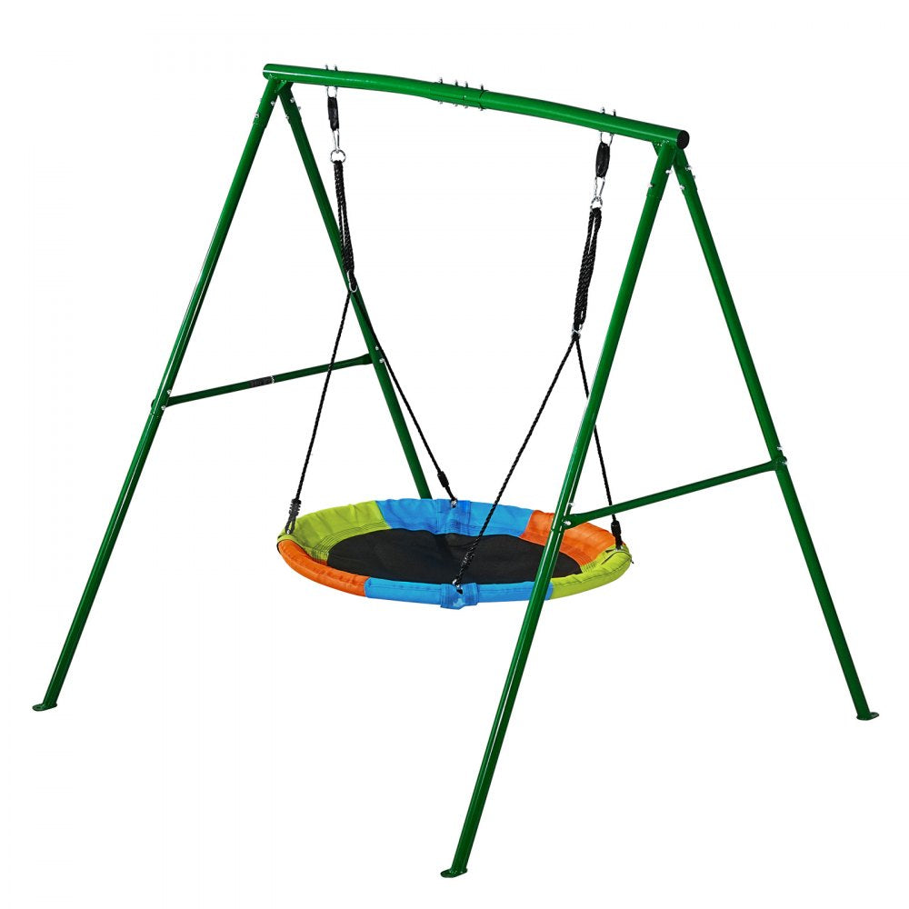 VEVOR Swing Set for Backyard, 40 in Saucer Swing Seat with Heavy Duty A-Frame Metal Stand, 440 lbs Load Capacity, Reinforced with Spiral Ground Anchors, Swingset Outdoor for Kids, Green and Colorful