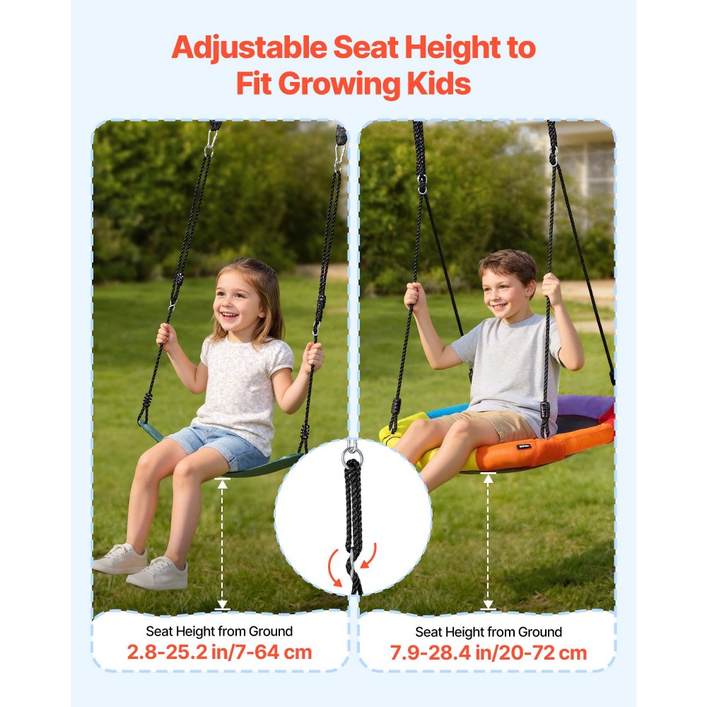 VEVOR Swing Set for Backyard, 32 in Saucer Swing Seat and Belt Seat, with Heavy Duty A-Frame Metal Stand, 440 lbs Load Capacity, Reinforced with Spiral Ground Anchors, Swingset Outdoor for Kids