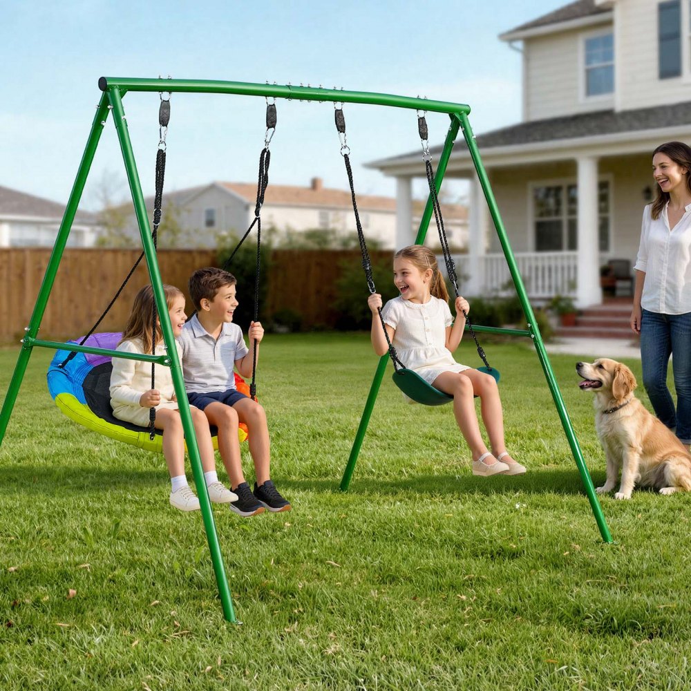 VEVOR Swing Set for Backyard, 32 in Saucer Swing Seat and Belt Seat, with Heavy Duty A-Frame Metal Stand, 440 lbs Load Capacity, Reinforced with Spiral Ground Anchors, Swingset Outdoor for Kids