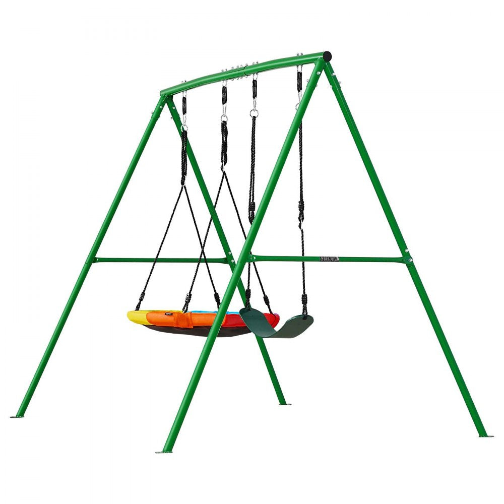 VEVOR Swing Set for Backyard, 32 in Saucer Swing Seat and Belt Seat, with Heavy Duty A-Frame Metal Stand, 440 lbs Load Capacity, Reinforced with Spiral Ground Anchors, Swingset Outdoor for Kids