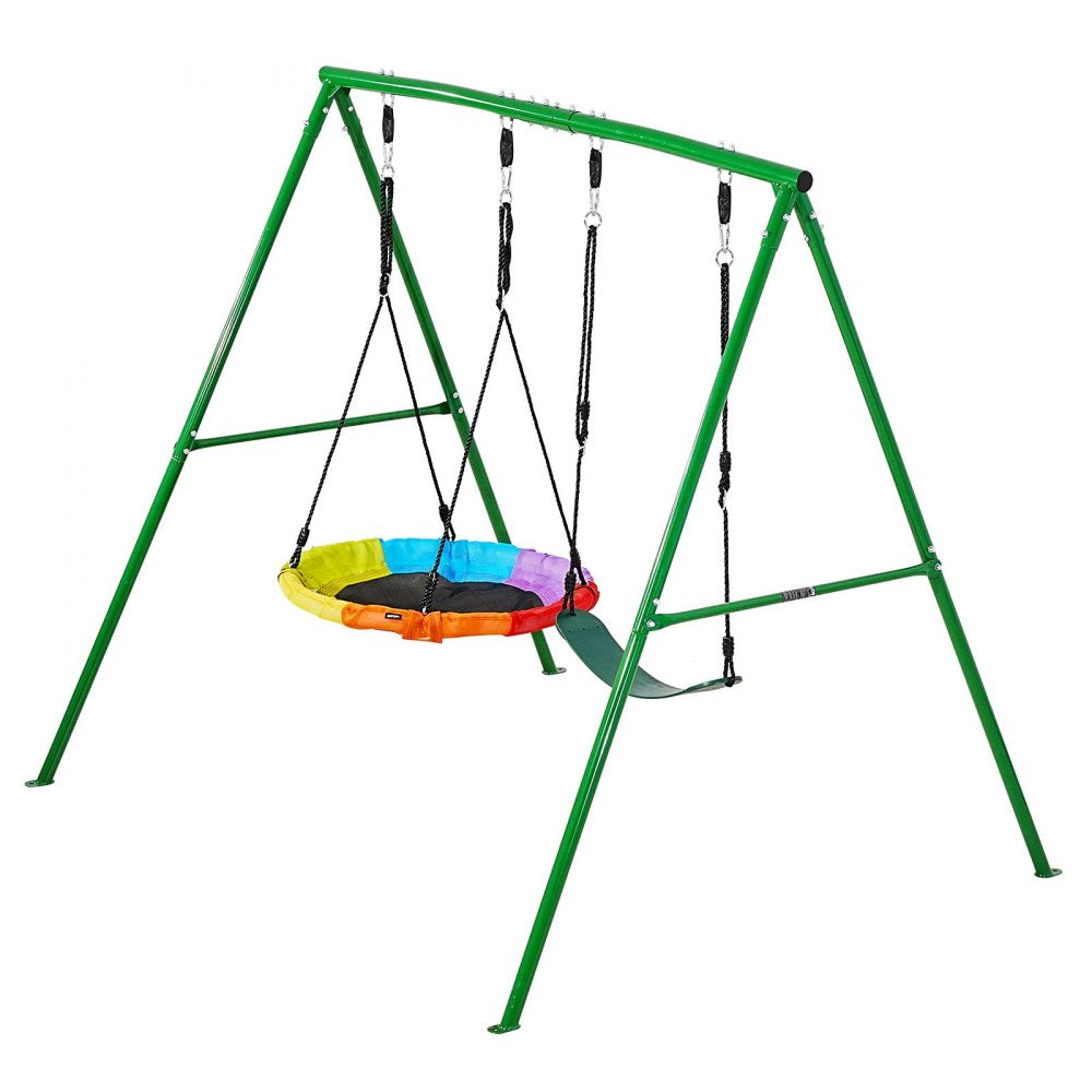 VEVOR Swing Set for Backyard, 32 in Saucer Swing Seat and Belt Seat, with Heavy Duty A-Frame Metal Stand, 440 lbs Load Capacity, Reinforced with Spiral Ground Anchors, Swingset Outdoor for Kids
