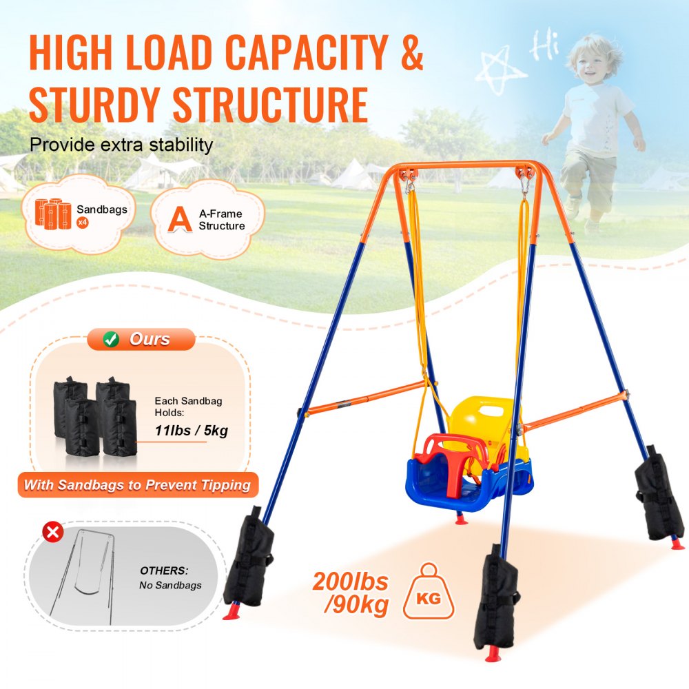 VEVOR Swing Sets for Backyard, 3-in-1 Toddler Swing Set with 4 Sandbags, Foldable Metal Stand, Easy to Assemble, Swingset Indoor/Outdoor for Kids 3-6 Years, Youth 6-10 Years and Teenagers 10+