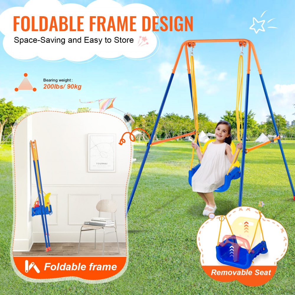 VEVOR Swing Sets for Backyard, 3-in-1 Toddler Swing Set with 4 Sandbags, Foldable Metal Stand, Easy to Assemble, Swingset Indoor/Outdoor for Kids 3-6 Years, Youth 6-10 Years and Teenagers 10+