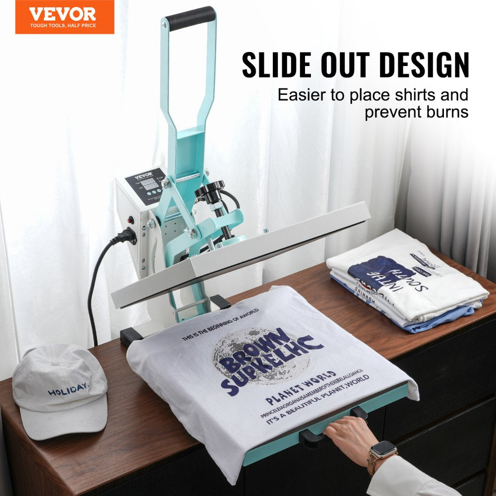 VEVOR Heat Press Machine 15" x 15" Digital Slide Out Heat Transfer Machine, for T-Shirts/Pillows/Bags, Fast and Even Heating, 2-Layer Insulation Cotton, Heat Transfer Machine, Precise Control, Green