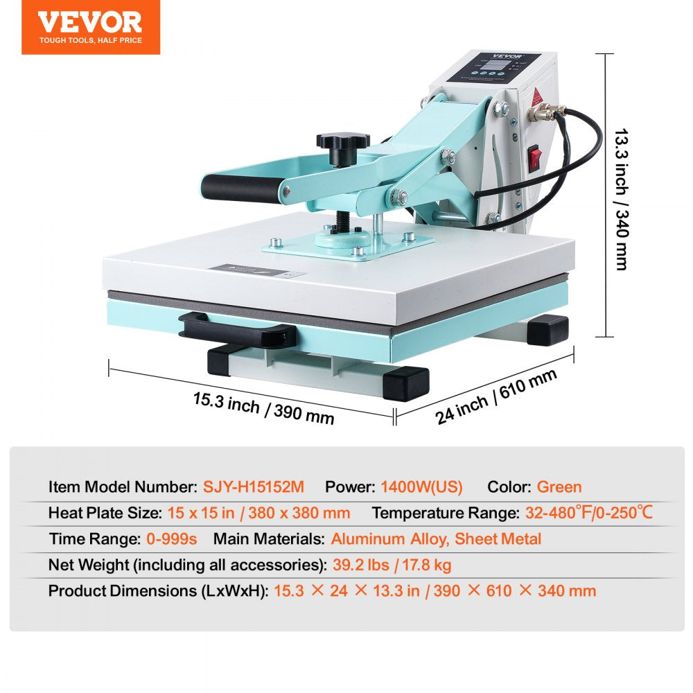 VEVOR Heat Press Machine 15" x 15" Digital Slide Out Heat Transfer Machine, for T-Shirts/Pillows/Bags, Fast and Even Heating, 2-Layer Insulation Cotton, Heat Transfer Machine, Precise Control, Green