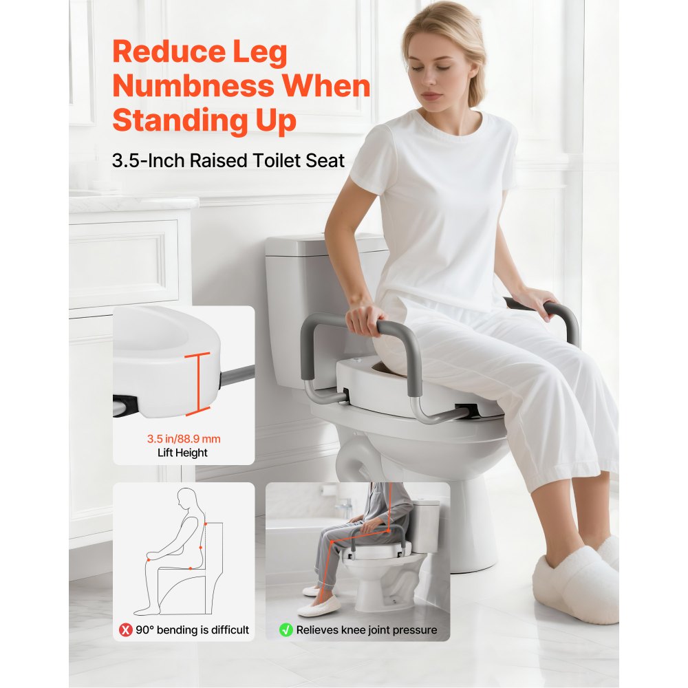 VEVOR Raised Toilet Seat with Arms, 300 lbs Load Capacity, 3.5-Inch Lift Height, Widened Commode Elevated Toilet Seat Riser with Padded Handles for Seniors, Elderly, Handicap, Disabled, and Adults