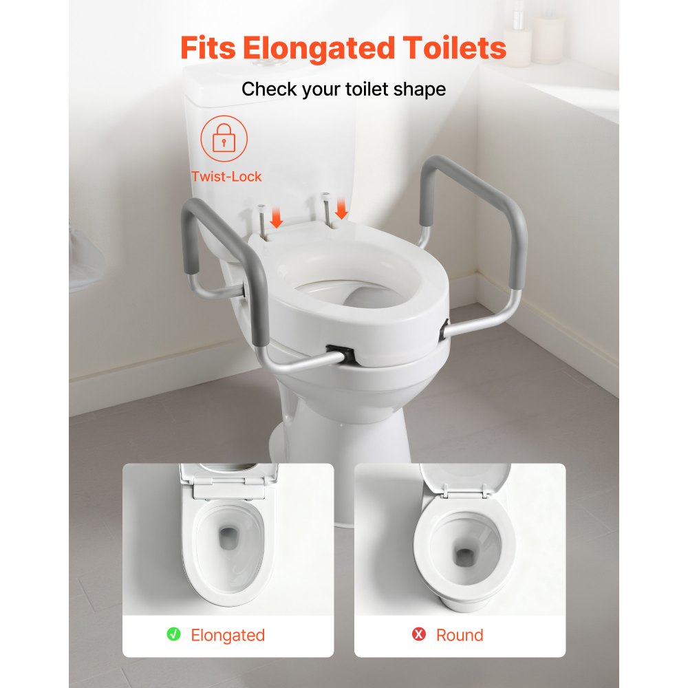 VEVOR Raised Toilet Seat with Arms, 300 lbs Load Capacity, 3.5-Inch Lift Height, Widened Commode Elevated Toilet Seat Riser with Padded Handles for Seniors, Elderly, Handicap, Disabled, and Adults