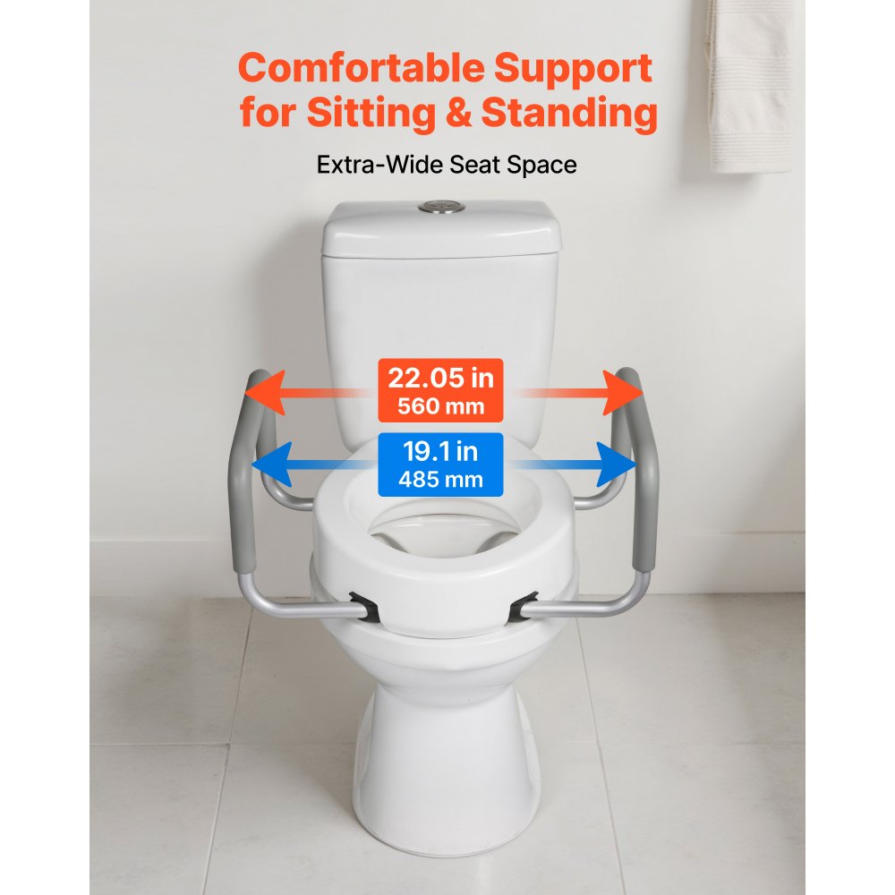 VEVOR Raised Toilet Seat with Arms, 300 lbs Load Capacity, 3.5-Inch Lift Height, Widened Commode Elevated Toilet Seat Riser with Padded Handles for Seniors, Elderly, Handicap, Disabled, and Adults