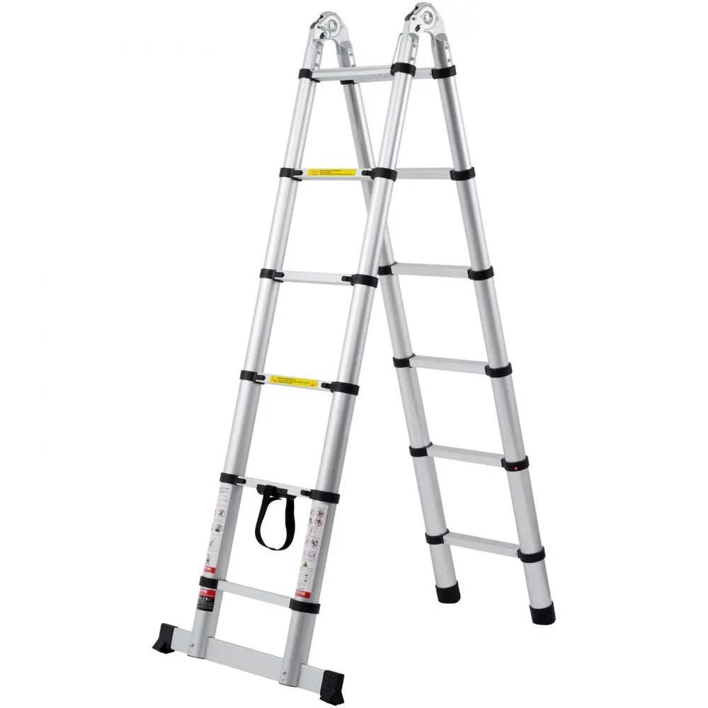 VEVOR Telescoping Ladder, 12.5FT A-Shape Aluminum Extension Ladder Lightweight, Multi-button Retraction Collapsible Ladder, 375 LBS Capacity w/ Stabilizer Bar, Multi-Purpose Ladders for RV, Camper