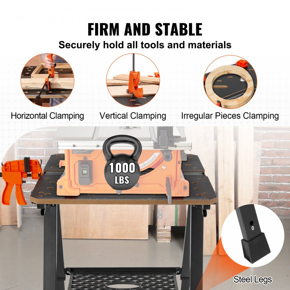 VEVOR Convertible Workstation, Dual-Function as Sawhorse/Workbench, Supports up to 1000 lbs, 7 Height Options, Durable Steel Frame, Compact Folding Design with Wood Clamp, Includes 4 Bench Dogs & 2