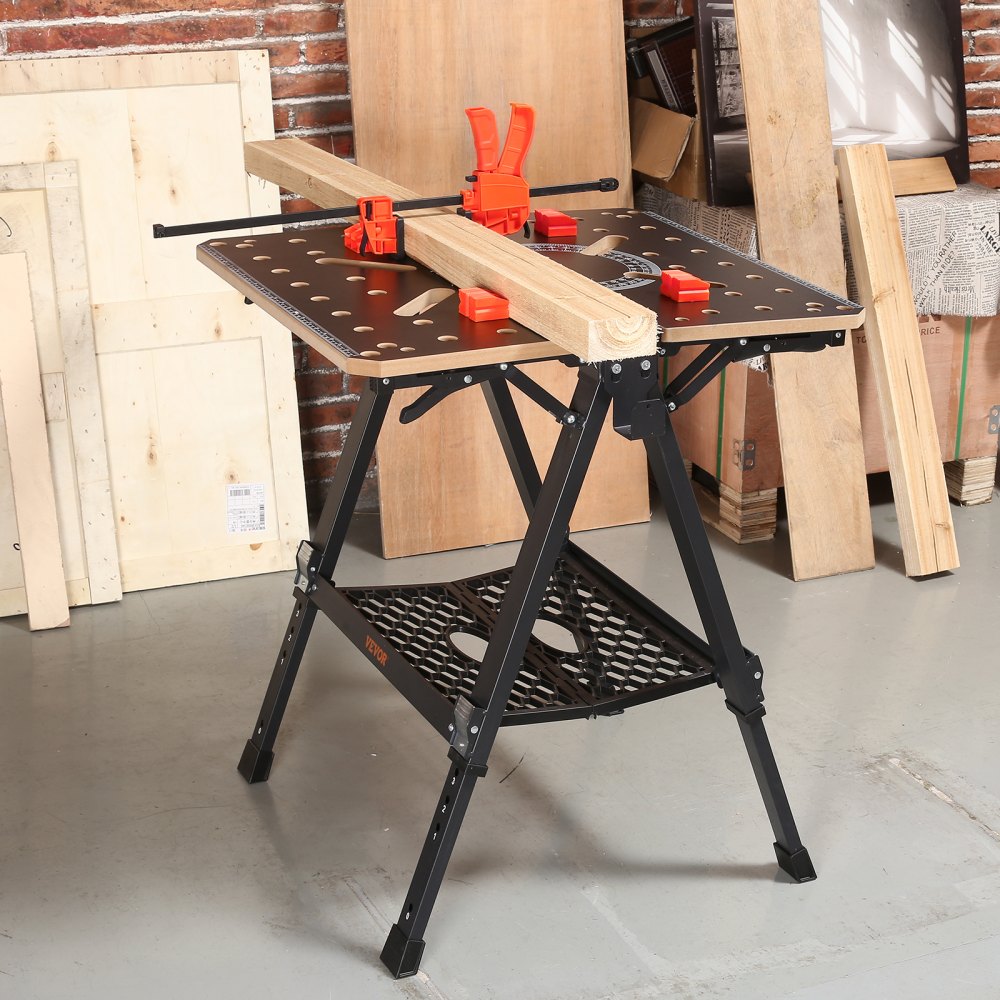 VEVOR Convertible Workstation, Dual-Function as Sawhorse/Workbench, Supports up to 1000 lbs, 7 Height Options, Durable Steel Frame, Compact Folding Design with Wood Clamp, Includes 4 Bench Dogs & 2