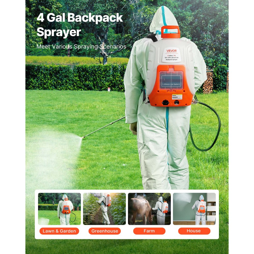 VEVOR Battery Powered Backpack Sprayer, 4 Gallons Electric Lawn Sprayer with 8 Nozzles & 2 Telescopic Wands, 90PSI Adjustable Pressure, 4-6 Hour Runtime, Yard Sprayers for Lawn and Garden