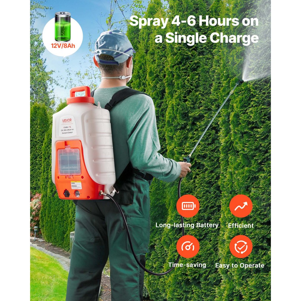 VEVOR Battery Powered Backpack Sprayer, 4 Gallons Electric Lawn Sprayer with 8 Nozzles & 2 Telescopic Wands, 90PSI Adjustable Pressure, 4-6 Hour Runtime, Yard Sprayers for Lawn and Garden
