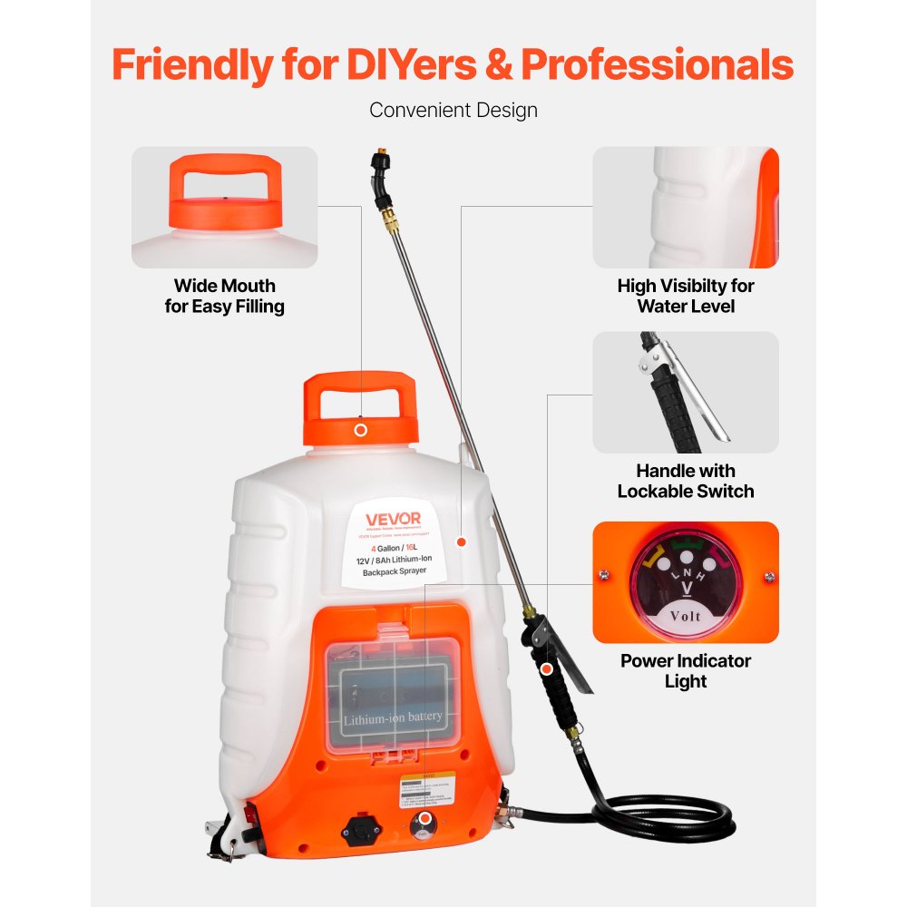 VEVOR Battery Powered Backpack Sprayer, 4 Gallons Electric Lawn Sprayer with 8 Nozzles & 2 Telescopic Wands, 90PSI Adjustable Pressure, 4-6 Hour Runtime, Yard Sprayers for Lawn and Garden