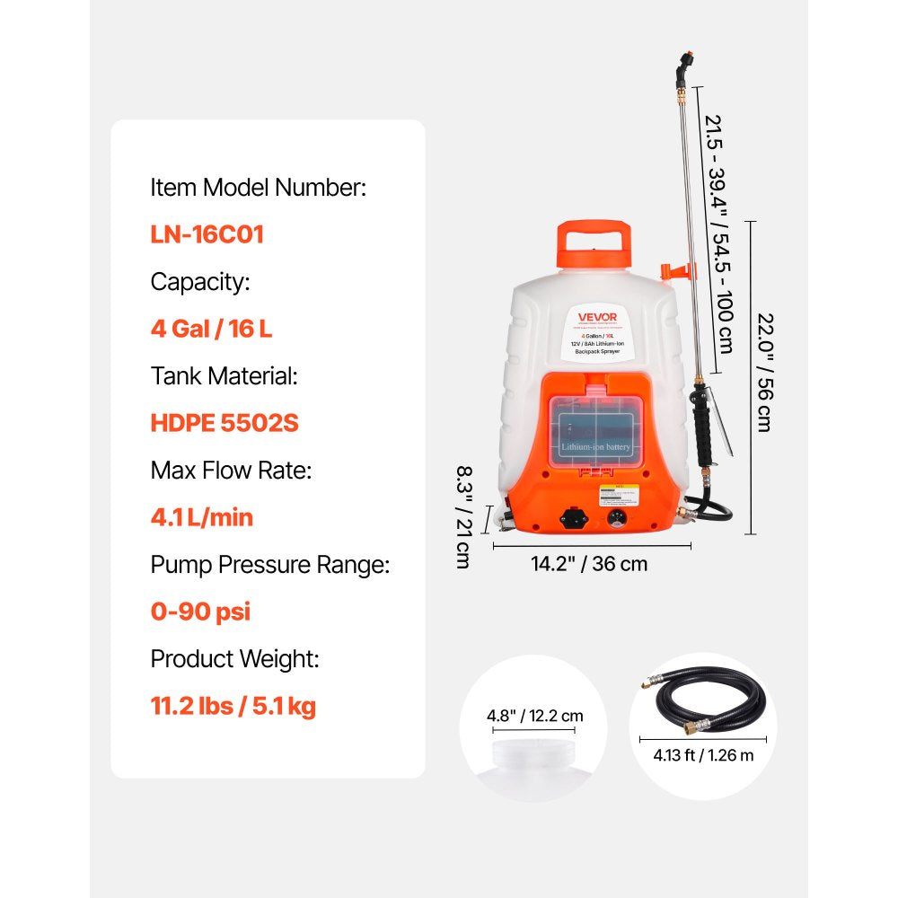 VEVOR Battery Powered Backpack Sprayer, 4 Gallons Electric Lawn Sprayer with 8 Nozzles & 2 Telescopic Wands, 90PSI Adjustable Pressure, 4-6 Hour Runtime, Yard Sprayers for Lawn and Garden