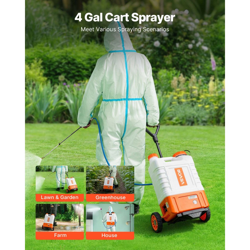 VEVOR Battery Powered Backpack Sprayer with Cart, 0-94 PSI Adjustable Pressure, 4 Gallon Tank on Wheels, with 8 Nozzles and 2 Wands, 12V 7.2Ah Battery, Wide Mouth Lid for Weeding, Spraying, Cleaning