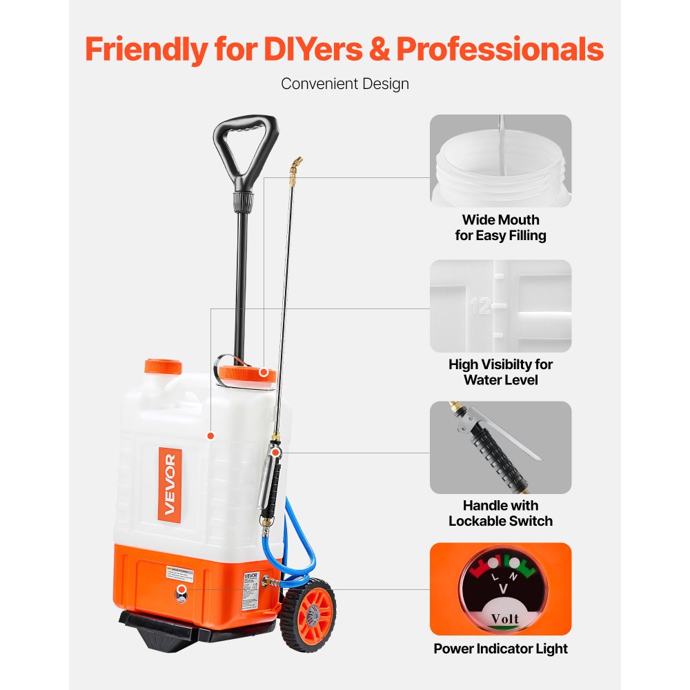 VEVOR Battery Powered Backpack Sprayer with Cart, 0-94 PSI Adjustable Pressure, 4 Gallon Tank on Wheels, with 8 Nozzles and 2 Wands, 12V 7.2Ah Battery, Wide Mouth Lid for Weeding, Spraying, Cleaning