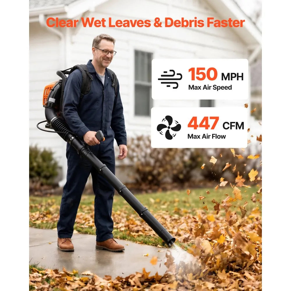 VEVOR Backpack Leaf Blower, 43CC 2-Stroke Engine Gas Powered Leaf Blower with 1.38L Fuel Tank, 447 CFM Air Volume, 150 MPH Air Speed, Ideal for Lawn Care, Leaves Cleaning, Yard Debris & Snow Removal