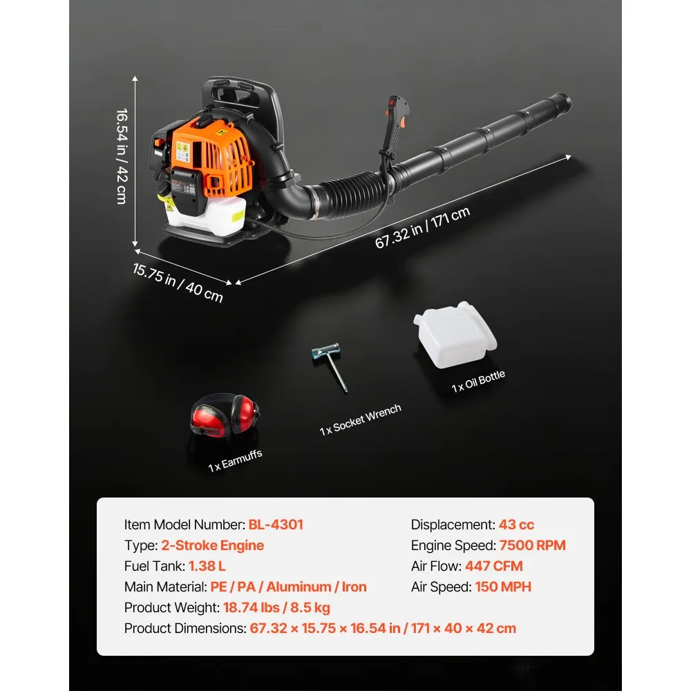 VEVOR Backpack Leaf Blower, 43CC 2-Stroke Engine Gas Powered Leaf Blower with 1.38L Fuel Tank, 447 CFM Air Volume, 150 MPH Air Speed, Ideal for Lawn Care, Leaves Cleaning, Yard Debris & Snow Removal