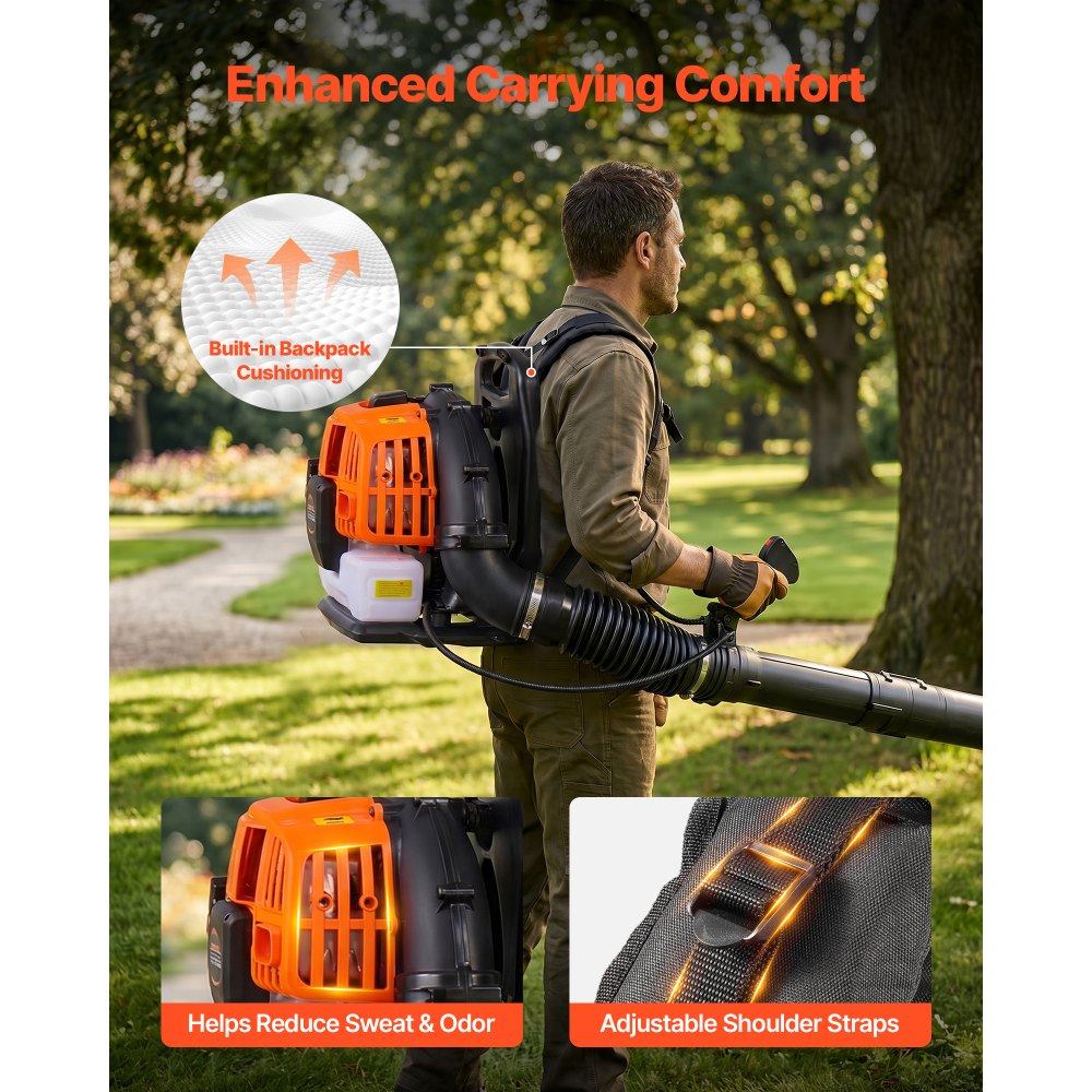 VEVOR Backpack Leaf Blower, 43CC 2-Stroke Engine Gas Powered Leaf Blower with 1.38L Fuel Tank, 447 CFM Air Volume, 150 MPH Air Speed, Ideal for Lawn Care, Leaves Cleaning, Yard Debris & Snow Removal