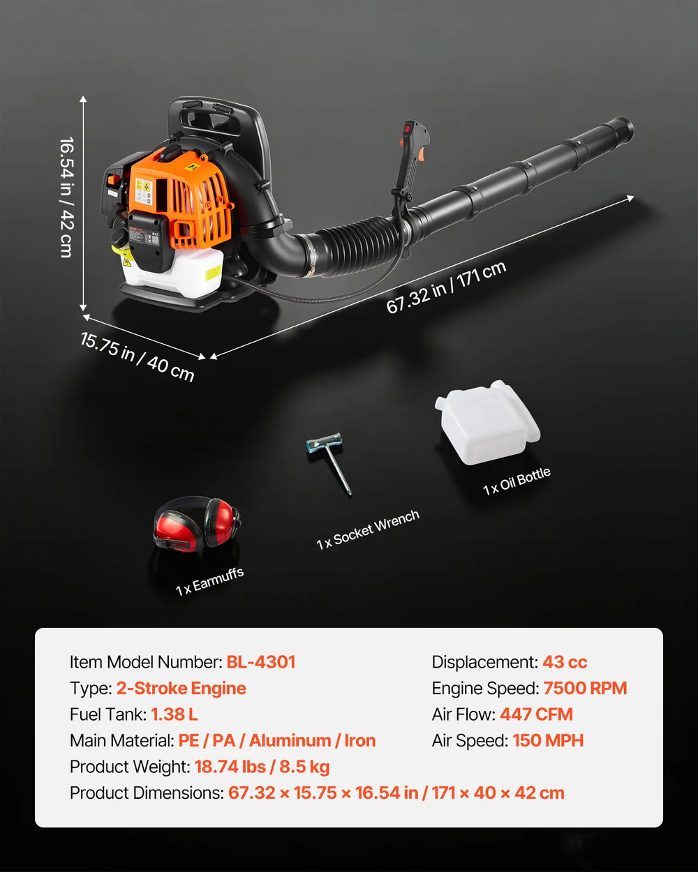 VEVOR Backpack Leaf Blower, 43CC 2-Stroke Engine Gas Powered Leaf Blower with 1.38L Fuel Tank, 447 CFM Air Volume, 150 MPH Air Speed, Ideal for Lawn Care, Leaves Cleaning, Yard Debris & Snow Removal