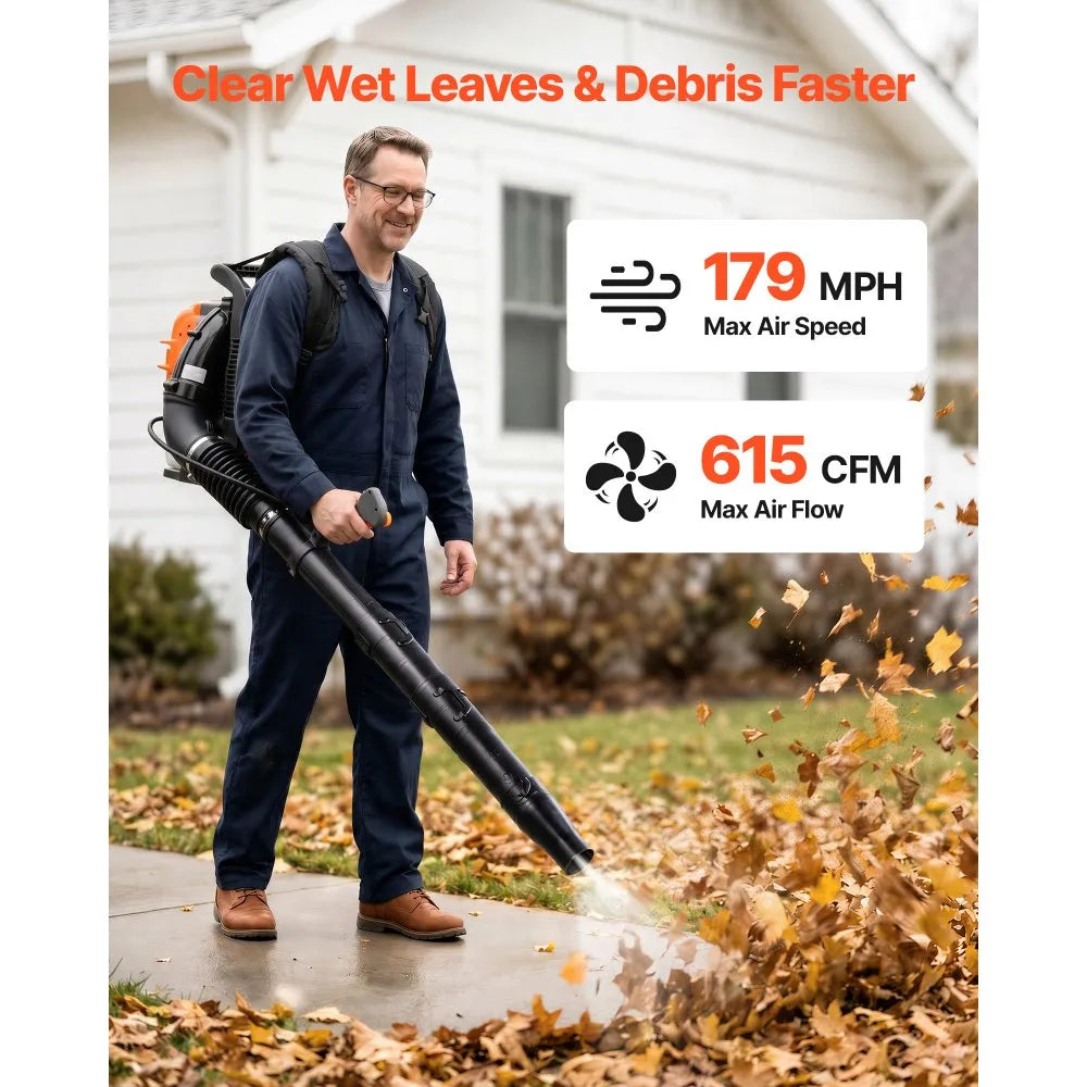 VEVOR Backpack Leaf Blower, 75.6CC 4-Stroke Engine Gas Powered Leaf Blower with 1.8L Fuel Tank, 615 CFM Air Volume, 179 MPH Air Speed, Ideal for Lawn Care, Leaves Cleaning, Yard Debris & Snow Removal