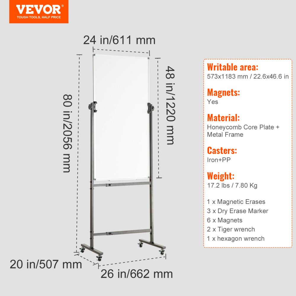VEVOR Rolling Magnetic Whiteboard, Double-sided Mobile Whiteboard 24x48 Inches, Adjustable Height Dry Erase Board with Wheels, 1 Magnetic Erase & 3 Dry Erase Markers & Movable Tray for Office School