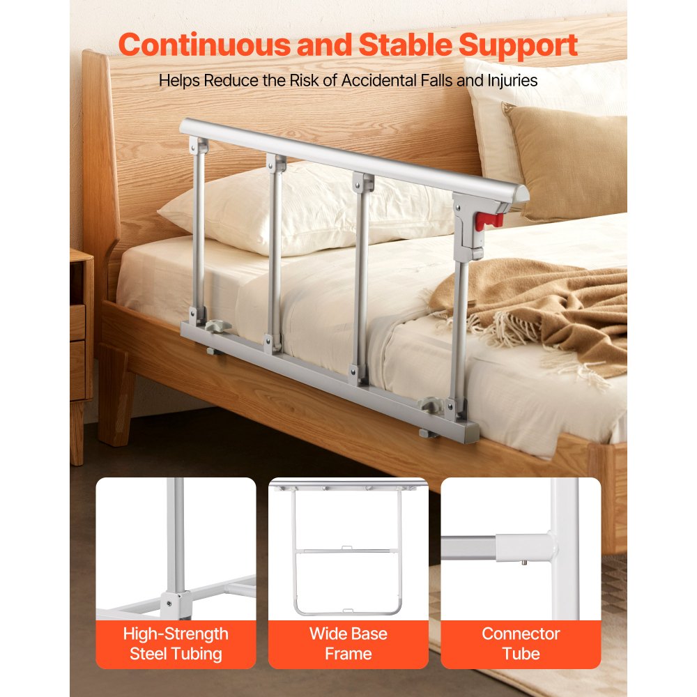 VEVOR Foldable Bed Rail for Elderly, 38 in Bedside Assist Rail with Fixing Strap, Adjustable Height Pipe Bedside Cane, High-Strength Metal Senior Bed Bar, Hand Guard Grab Fits King, Queen, Full, Twin