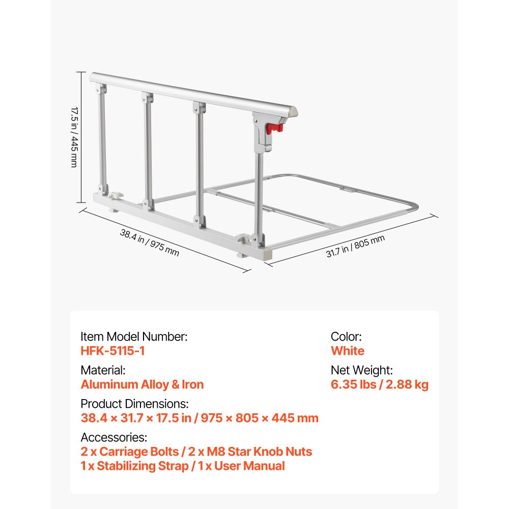 VEVOR Foldable Bed Rail for Elderly, 38 in Bedside Assist Rail with Fixing Strap, Adjustable Height Pipe Bedside Cane, High-Strength Metal Senior Bed Bar, Hand Guard Grab Fits King, Queen, Full, Twin