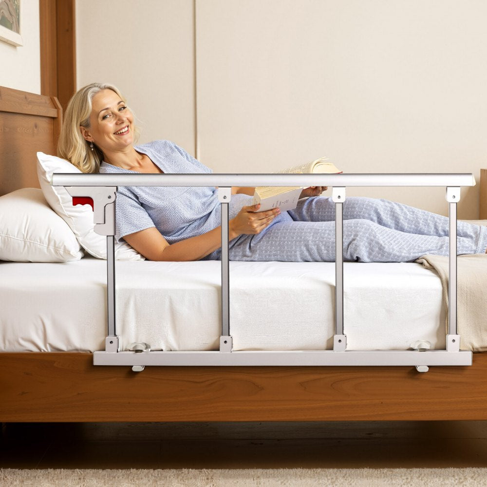 VEVOR Foldable Bed Rail for Elderly, 38 in Bedside Assist Rail with Fixing Strap, Adjustable Height Pipe Bedside Cane, High-Strength Metal Senior Bed Bar, Hand Guard Grab Fits King, Queen, Full, Twin