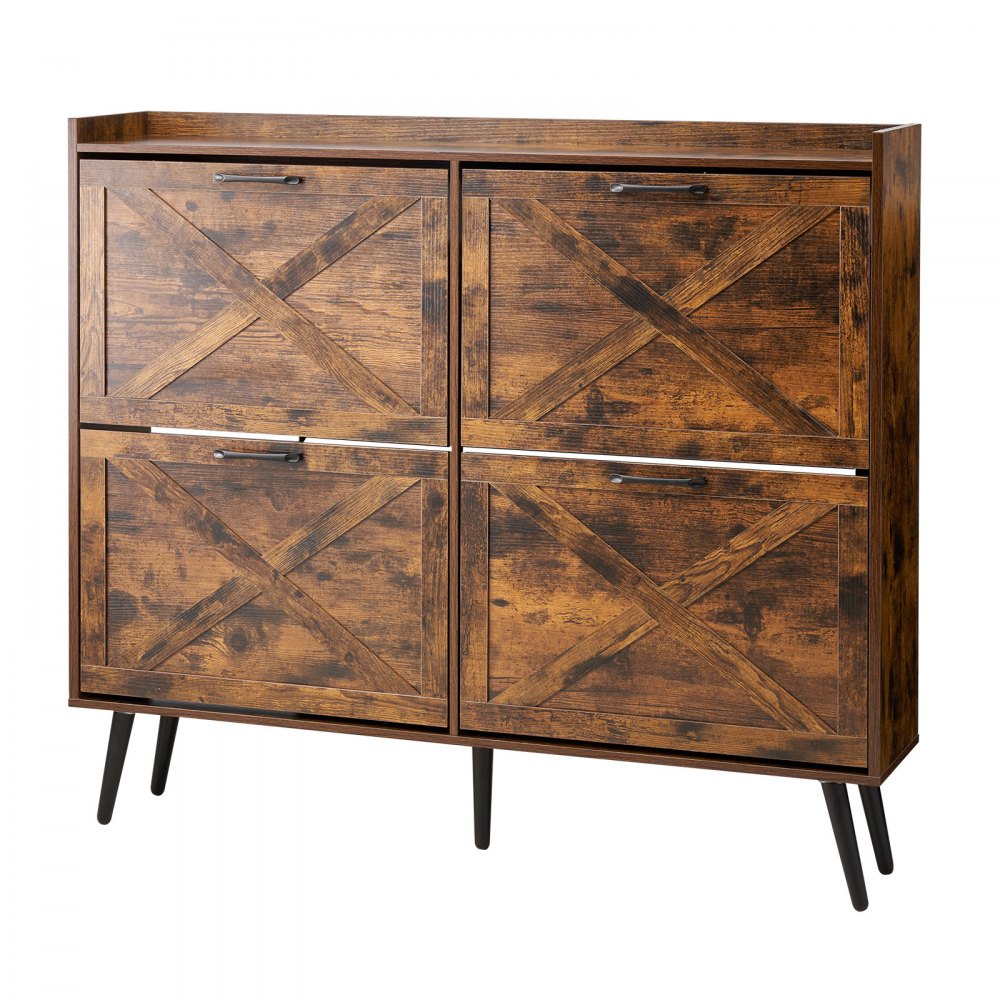 VEVOR Shoe Cabinet with 4 Flip Drawers, Farmhouse Shoes Storage Cabinet with Wood Legs and Anti-Tipping Device, Freestanding Shoe Organizer Ideal for Entryway, Hallway, Bedroom, Living Room, Brown