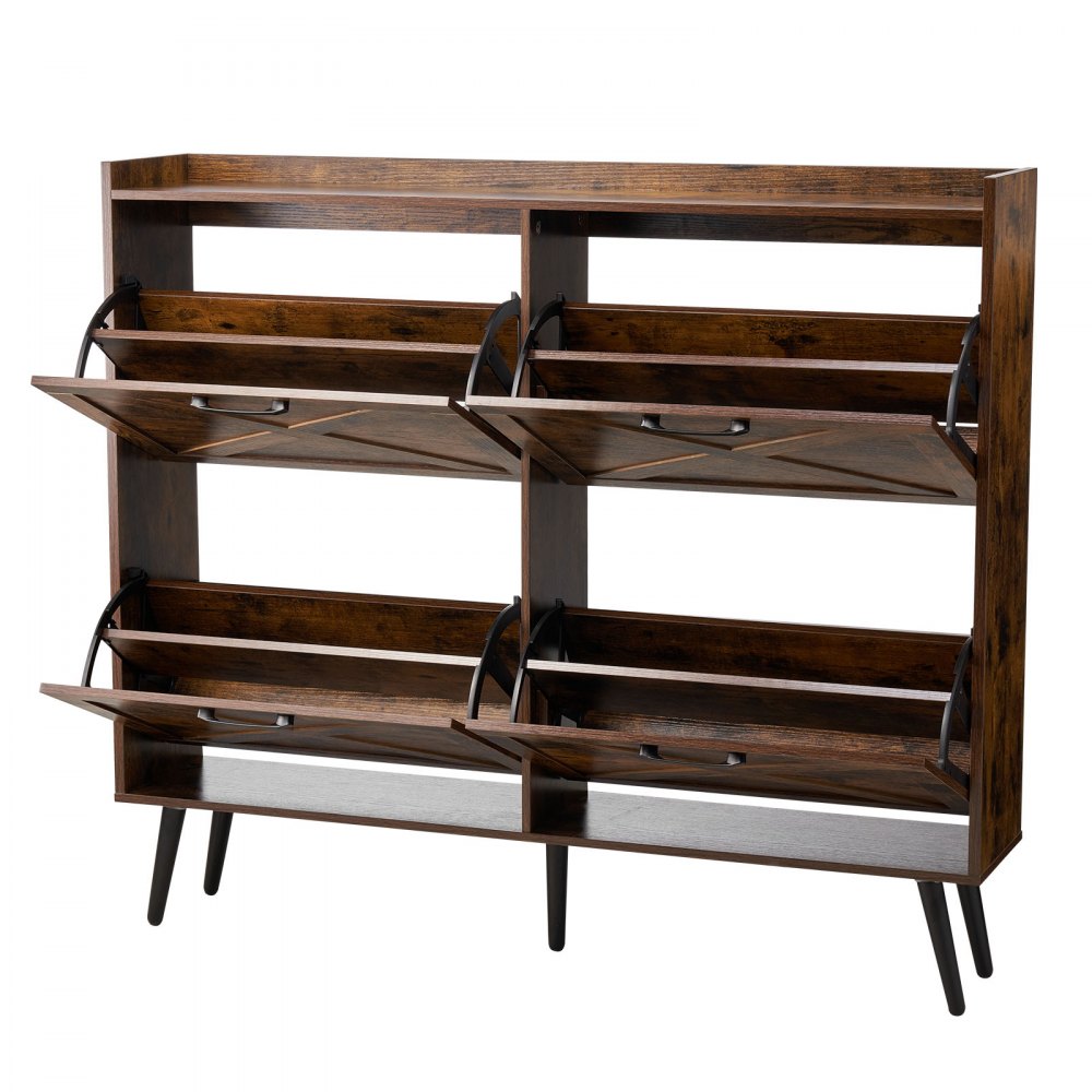 VEVOR Shoe Cabinet with 4 Flip Drawers, Farmhouse Shoes Storage Cabinet with Wood Legs and Anti-Tipping Device, Freestanding Shoe Organizer Ideal for Entryway, Hallway, Bedroom, Living Room, Brown