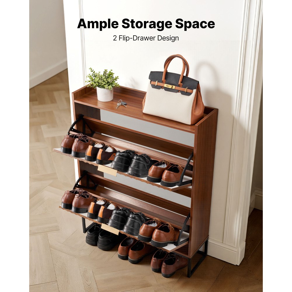 VEVOR Shoe Cabinet with 2 Flip Drawers, Mid-Century Shoes Storage Cabinet with Anti-Tipping Device, Freestanding Fluted Shoe Organizer, Ideal for Entrance, Hallway, Bedroom, Living Room, Walnut