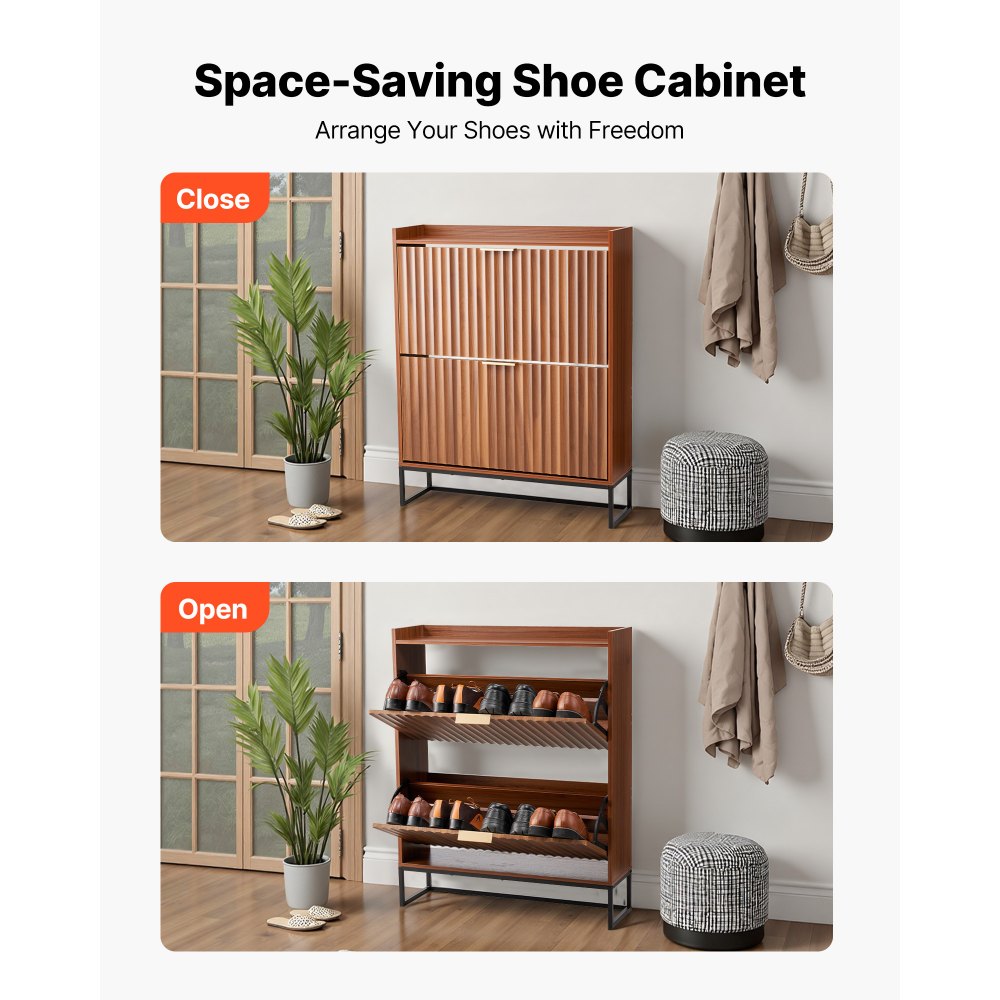 VEVOR Shoe Cabinet with 2 Flip Drawers, Mid-Century Shoes Storage Cabinet with Anti-Tipping Device, Freestanding Fluted Shoe Organizer, Ideal for Entrance, Hallway, Bedroom, Living Room, Walnut