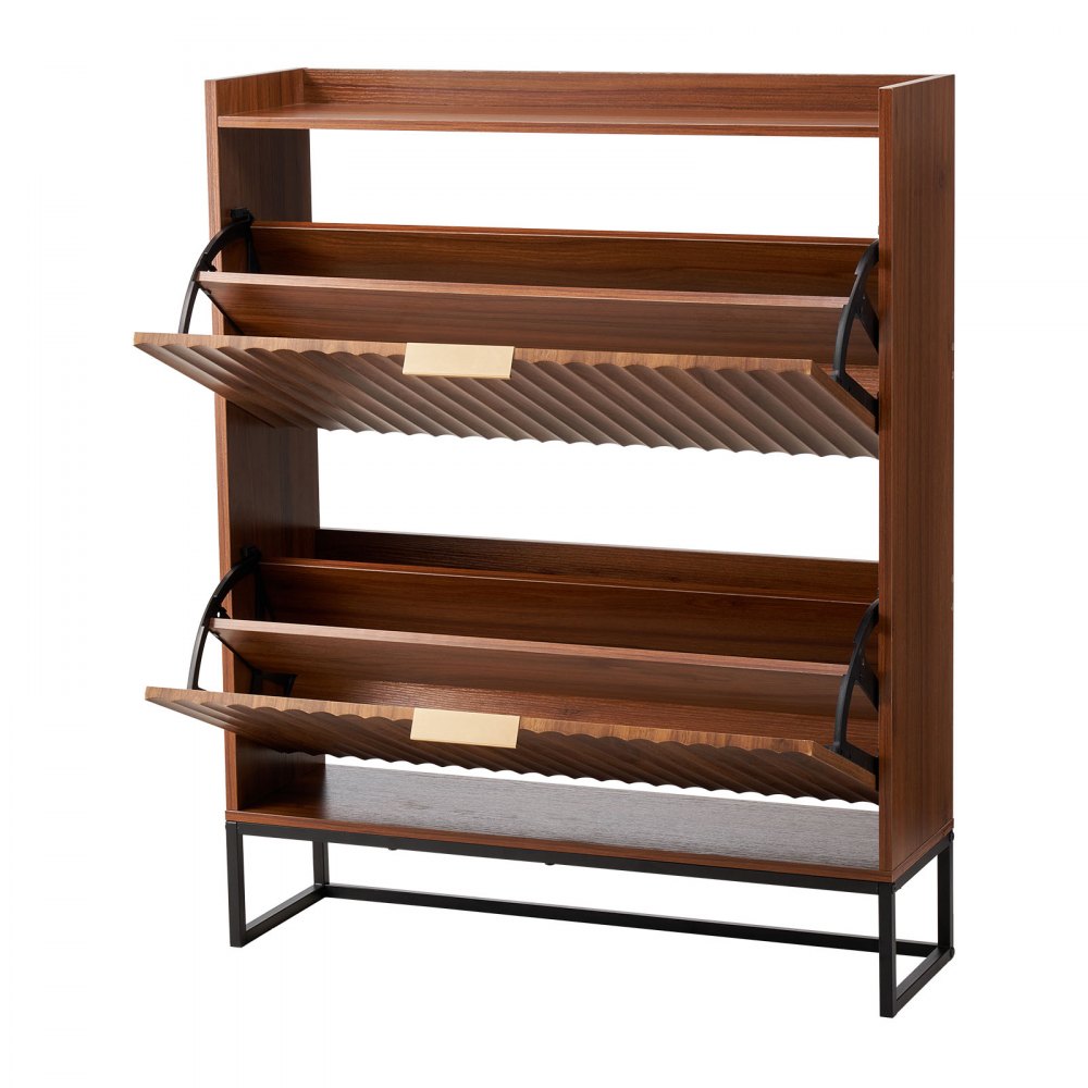VEVOR Shoe Cabinet with 2 Flip Drawers, Mid-Century Shoes Storage Cabinet with Anti-Tipping Device, Freestanding Fluted Shoe Organizer, Ideal for Entrance, Hallway, Bedroom, Living Room, Walnut