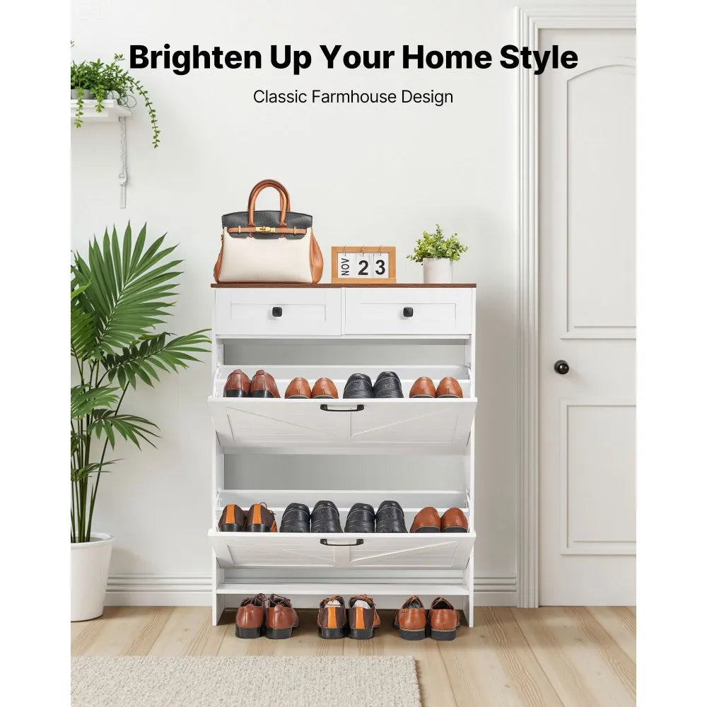 VEVOR Shoe Cabinet with 2 Flip Drawers, Farmhouse Shoes Storage Cabinet with 2 Drawers and Anti-Tipping Device, Freestanding Shoe Organizer Ideal for Entryway, Hallway, Bedroom, Living Room, White