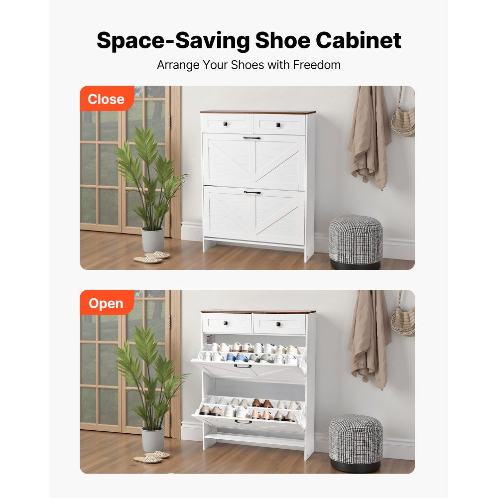 VEVOR Shoe Cabinet with 2 Flip Drawers, Farmhouse Shoes Storage Cabinet with 2 Drawers and Anti-Tipping Device, Freestanding Shoe Organizer Ideal for Entryway, Hallway, Bedroom, Living Room, White