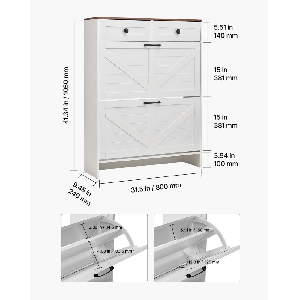 VEVOR Shoe Cabinet with 2 Flip Drawers, Farmhouse Shoes Storage Cabinet with 2 Drawers and Anti-Tipping Device, Freestanding Shoe Organizer Ideal for Entryway, Hallway, Bedroom, Living Room, White