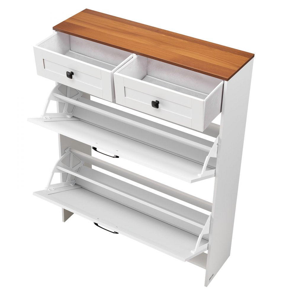 VEVOR Shoe Cabinet with 2 Flip Drawers, Farmhouse Shoes Storage Cabinet with 2 Drawers and Anti-Tipping Device, Freestanding Shoe Organizer Ideal for Entryway, Hallway, Bedroom, Living Room, White
