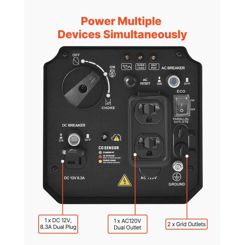 VEVOR Inverter Generator, 2900W Peak Watt Quiet Inverter Generator, Portable Inverters Generators for Home Use, Gas Powered, Compact and Lightweight Design - Stable Power, CO Sensor, Long Run Time