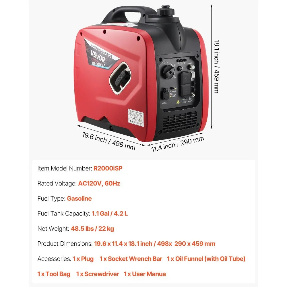 VEVOR Inverter Generator R2000iSP - dimensions and key specs infographic (19.6 x 11.4 x 18.1 in)