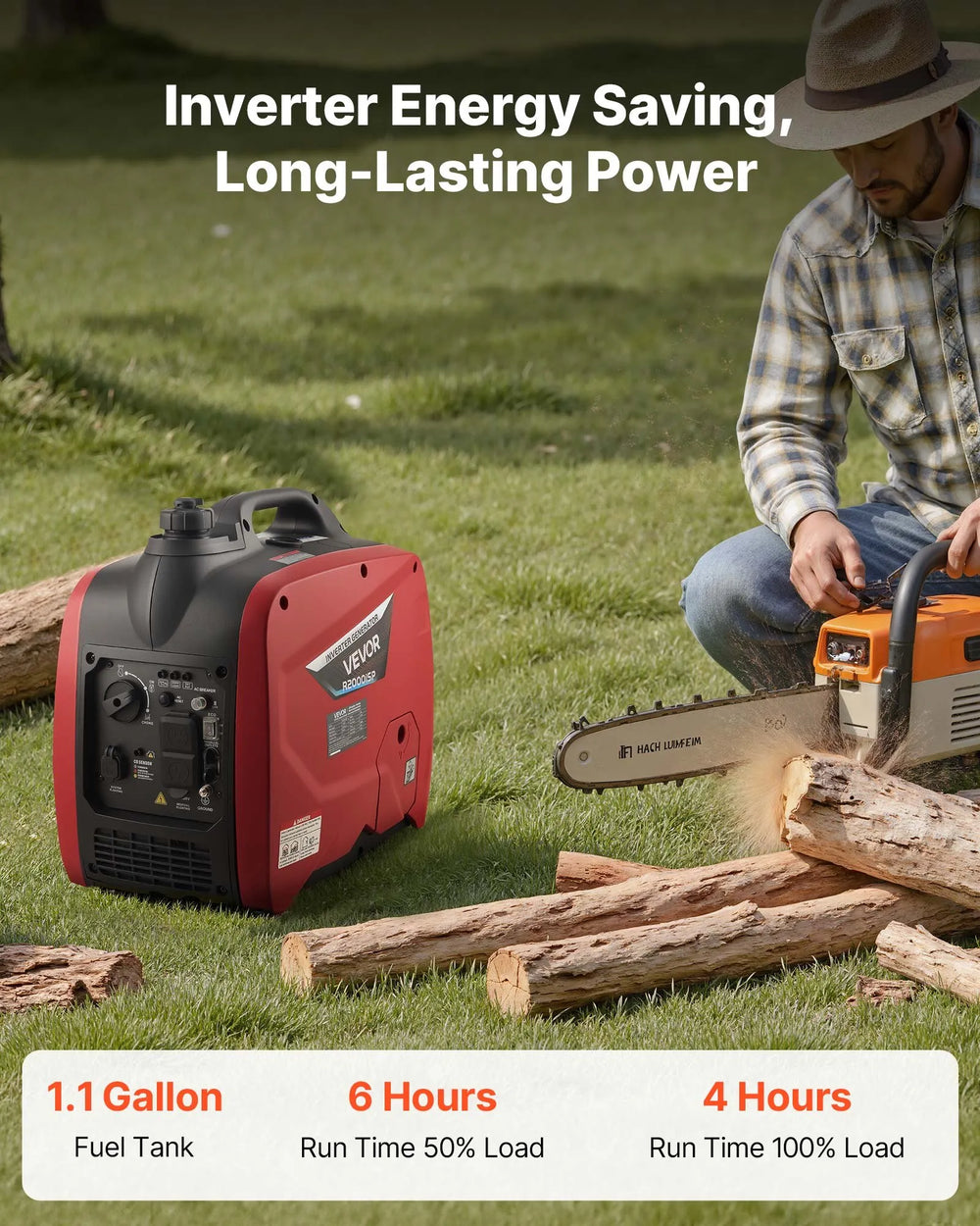 VEVOR Inverter Generator R2000iSP - inverter energy saving long-lasting power runtime infographic